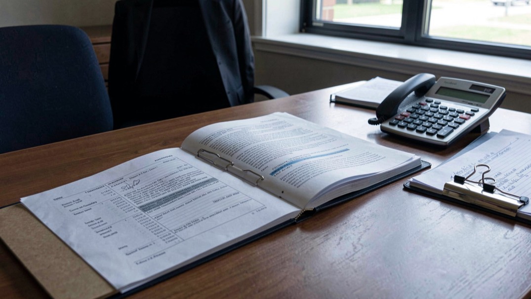 An auditor’s desk with a bound report, a calculator and tabbed working papers