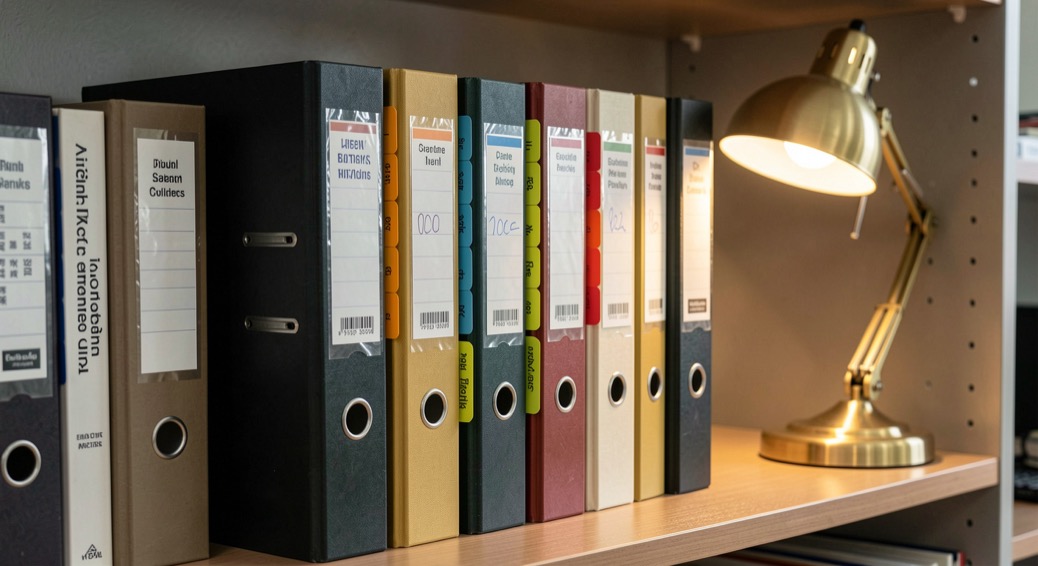 Thick budget binders with tab dividers standing on an office shelf beside a desk lamp
