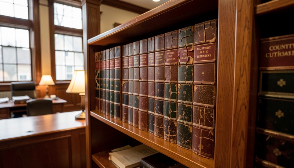 Bound record volumes stacked on a wooden shelf in a county courthouse office