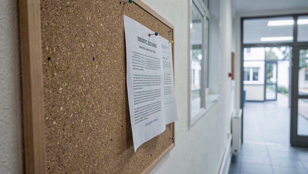 A printed meeting notice pinned to a public noticeboard in a municipal corridor
