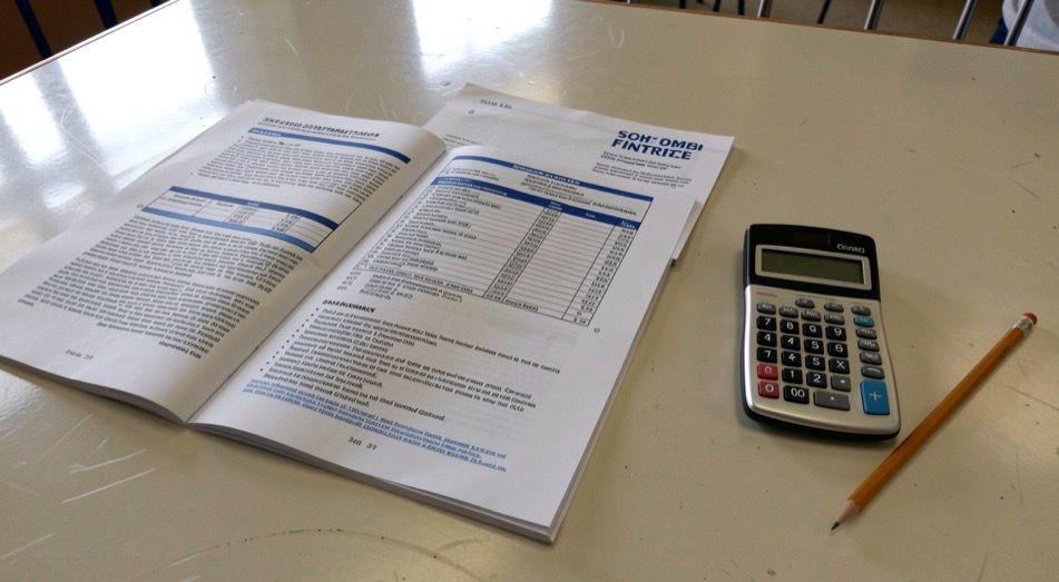 A school district finance report open on a table beside a pocket calculator and a pencil