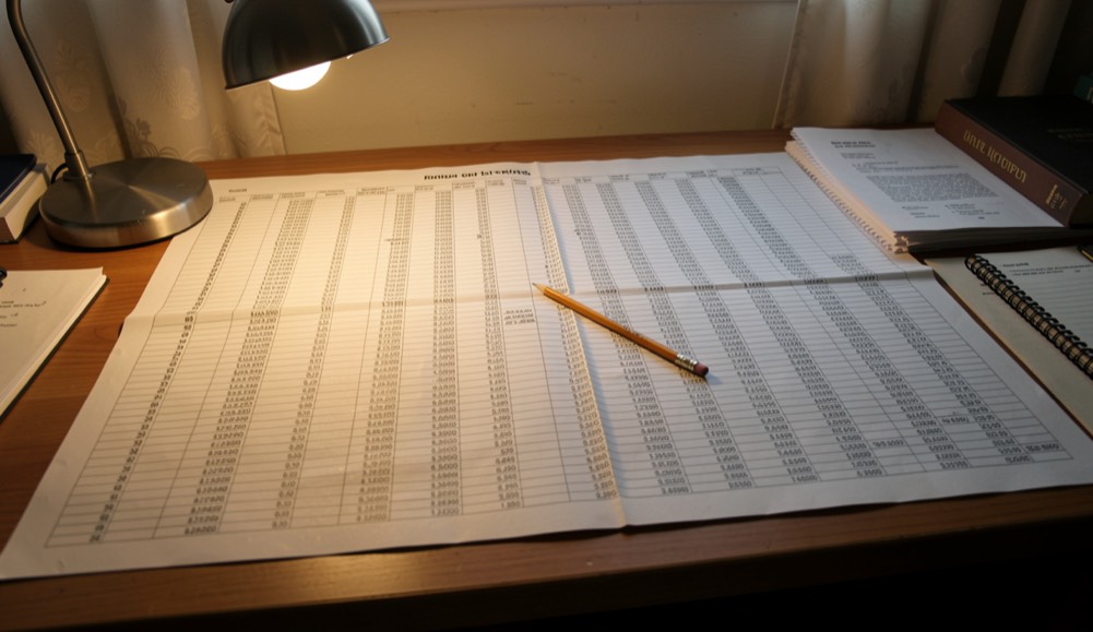 A wide printed spreadsheet of figures spread across a desk under a lamp